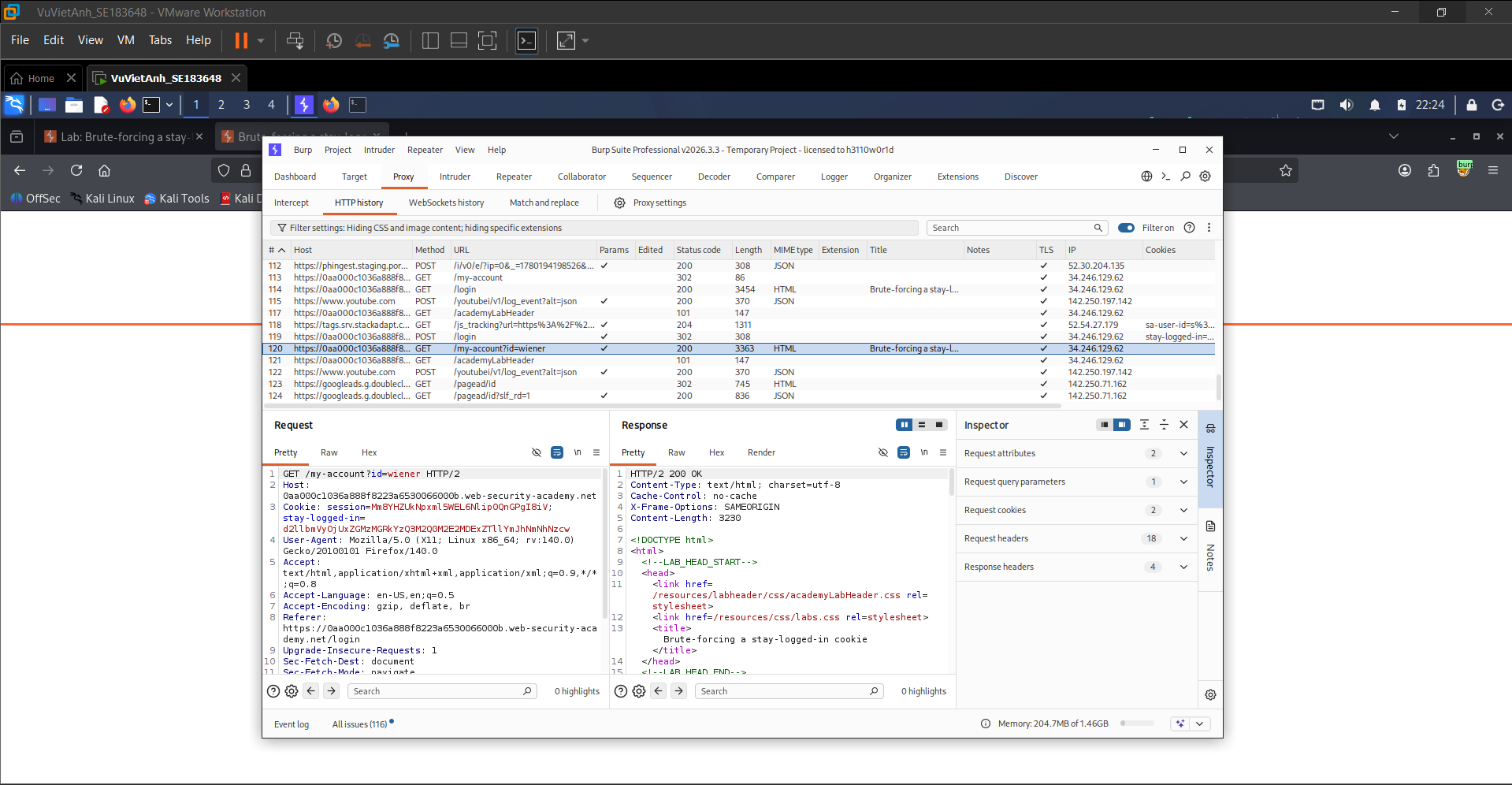 Figure 3: The intercepted HTTP request and response in Burp Suite, showing the abnormal stay-logged-in cookie.