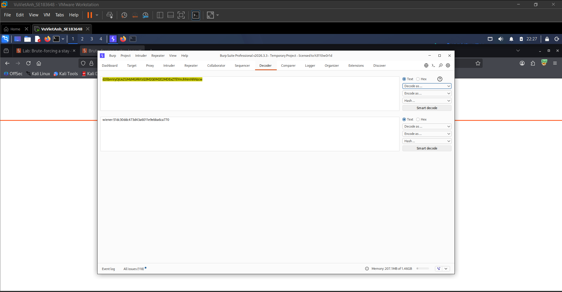Figure 4: Using Burp Decoder to decode the Base64 stay-logged-in cookie and reveal the password hash after the username.