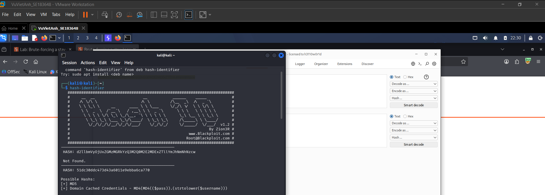 Figure 5: Using hash-identifier on Kali Linux to determine that the password hash uses the MD5 format.