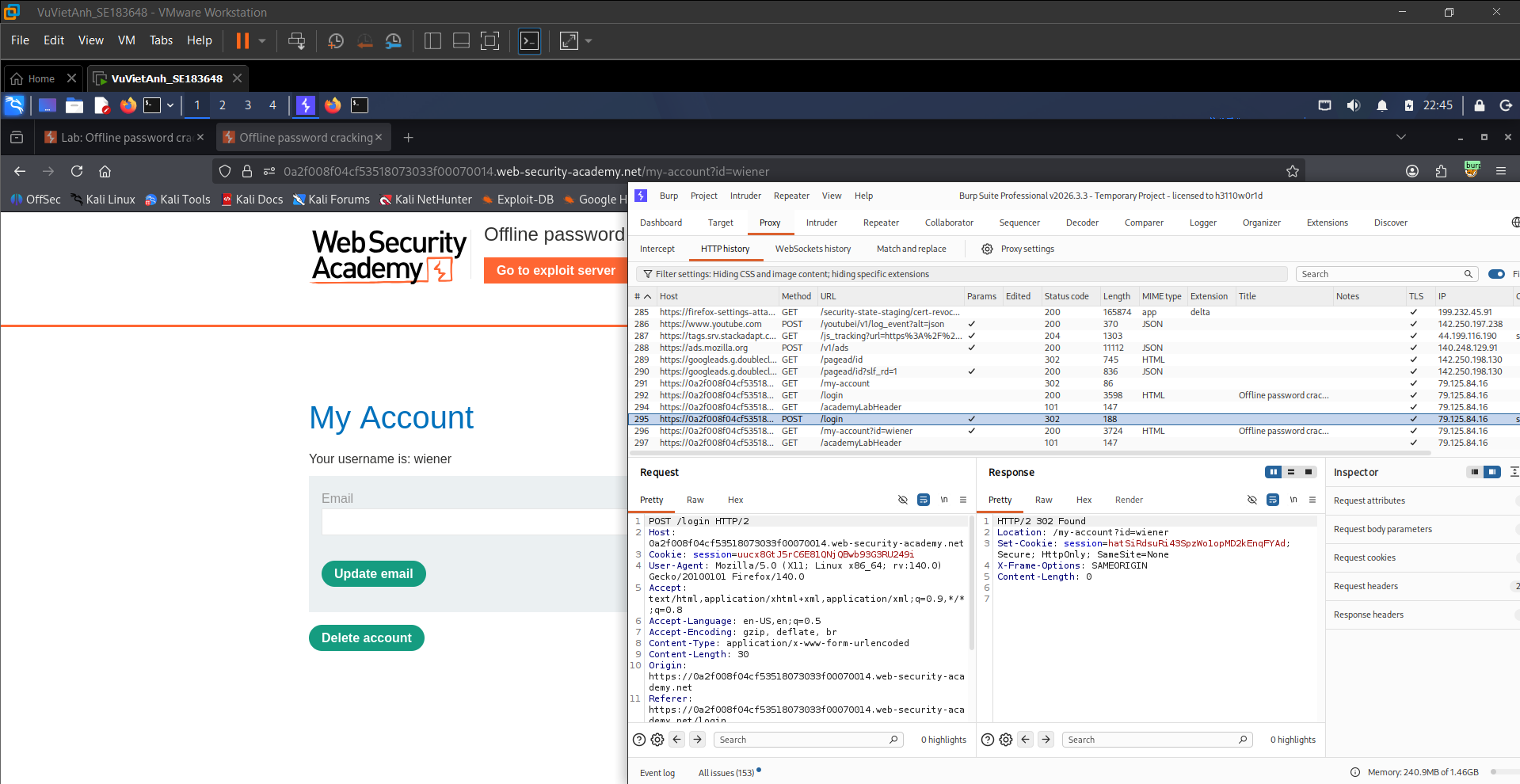 Figure 10: Intercepting the login request with the default account and reviewing session cookie parameters.