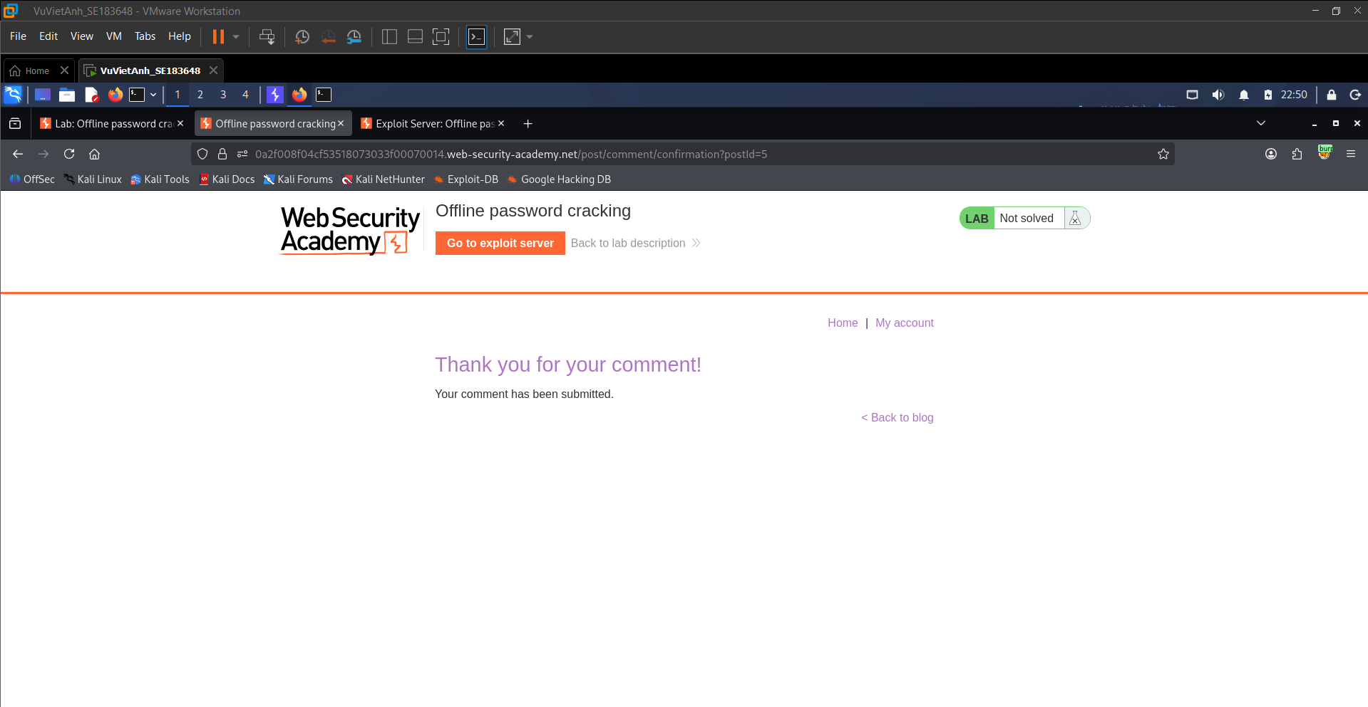 Figure 13: The confirmation page indicating that the comment containing the payload was successfully stored.