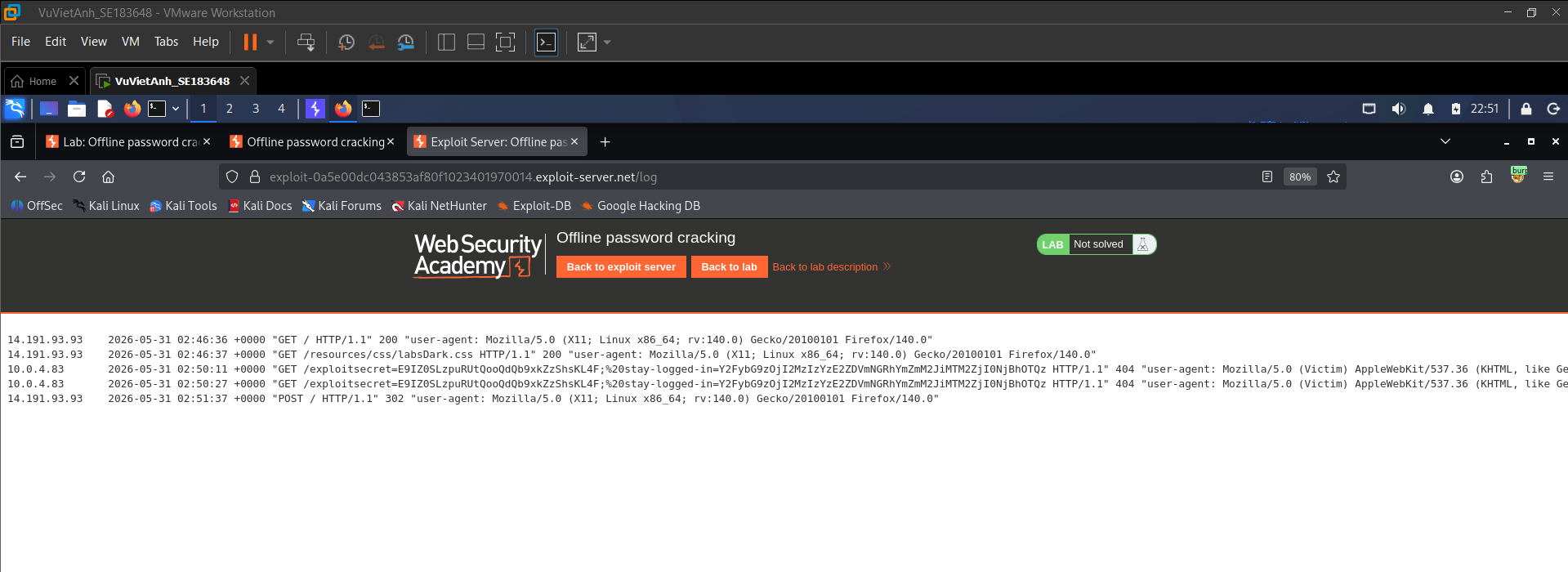 Figure 14: The Exploit Server access log capturing a redirected request from the victim browser with leaked cookie data.