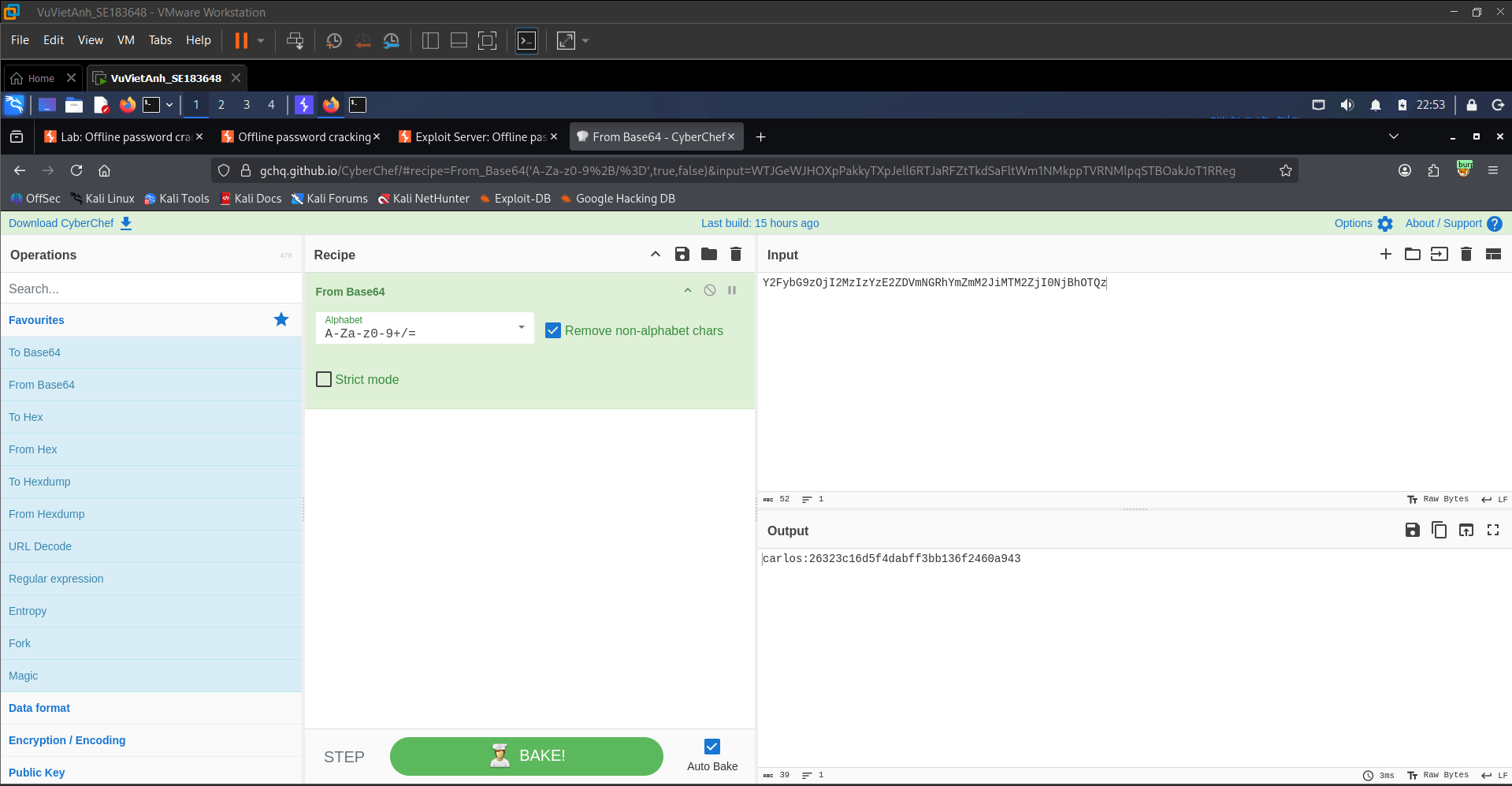 Figure 15: Using CyberChef to decode the stolen Base64 cookie and identify the victim user as Carlos.