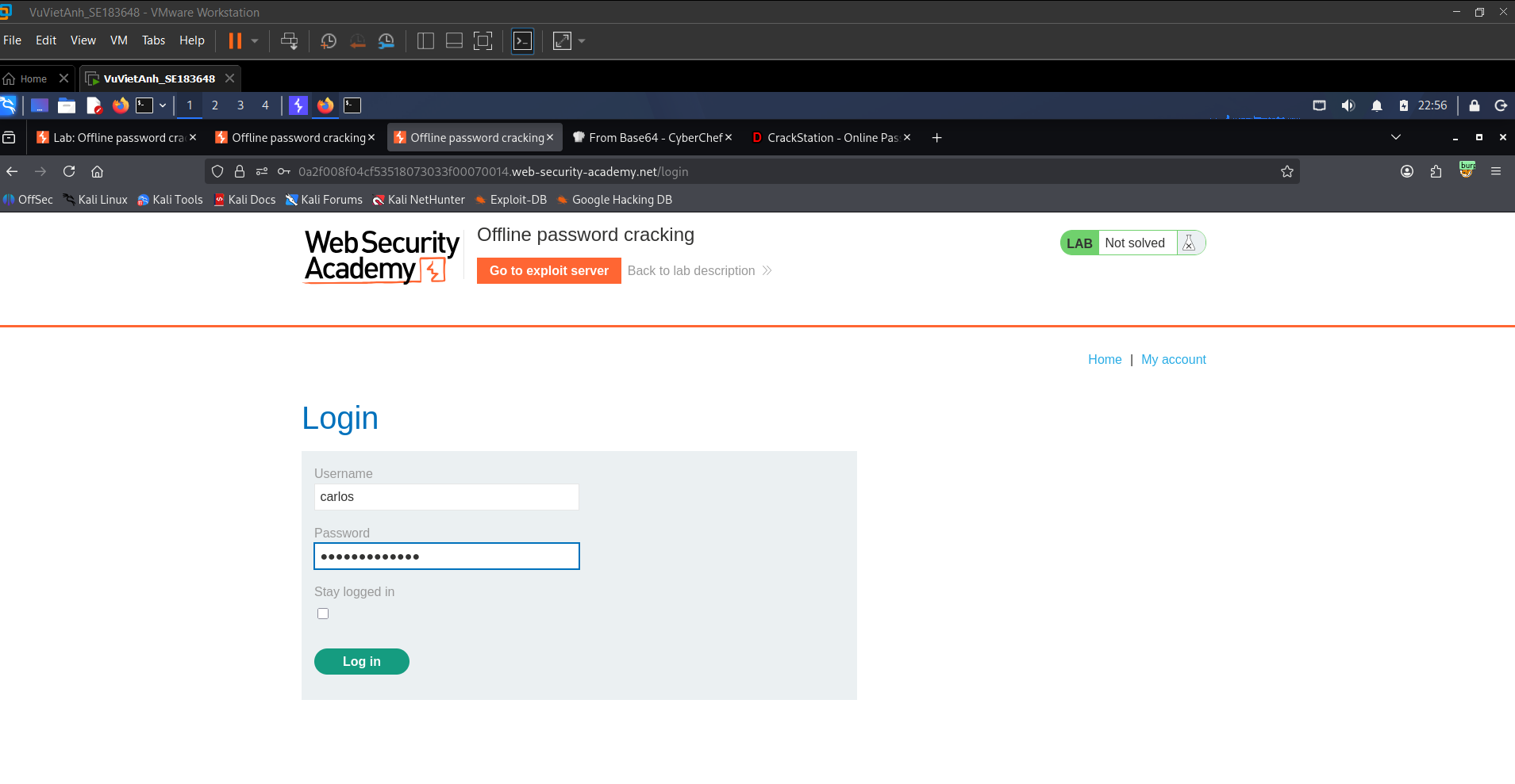 Figure 17: Logging in directly as Carlos using the password recovered from the offline cracking process.