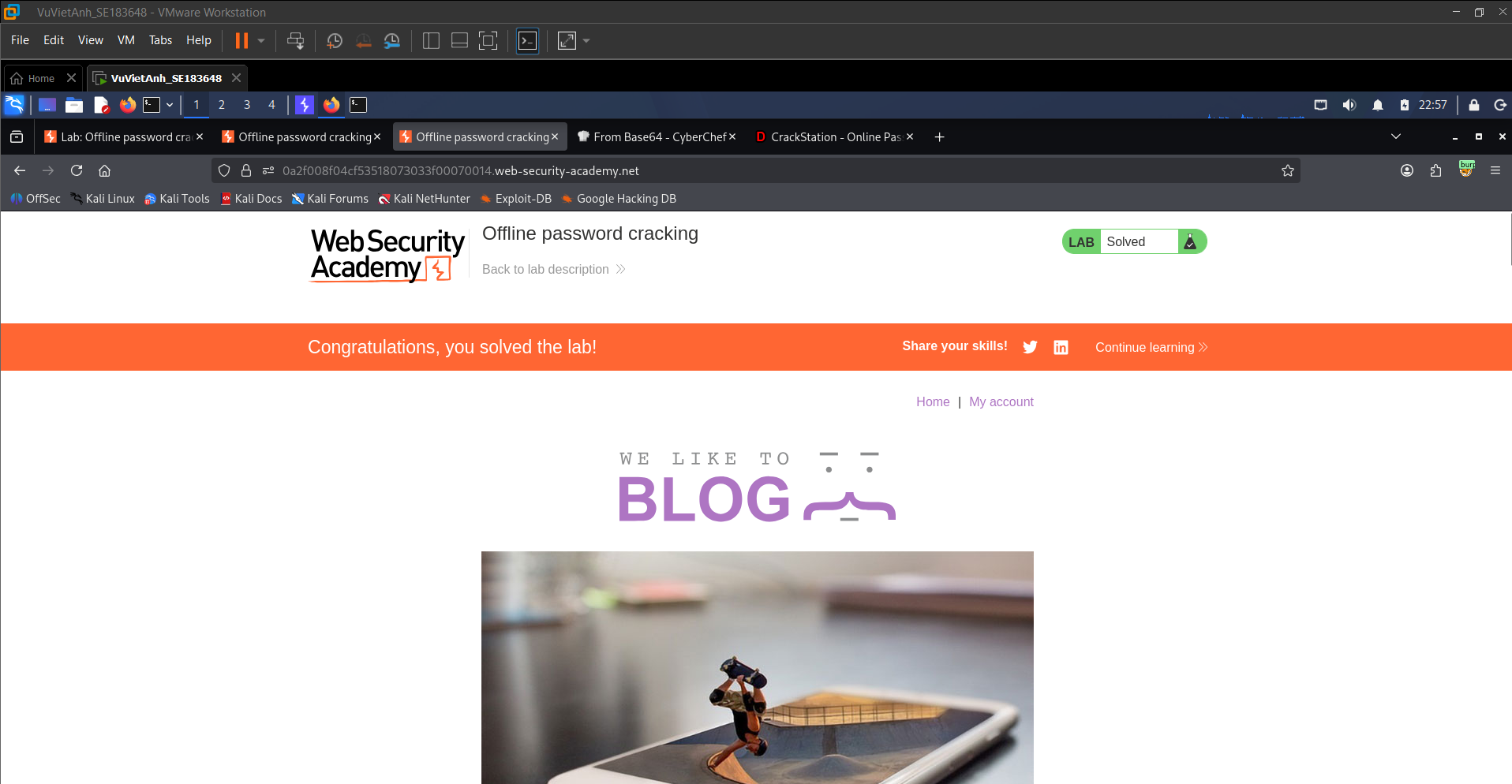 Figure 19: The completion banner confirming that the Offline password cracking lab was solved after deleting the account.